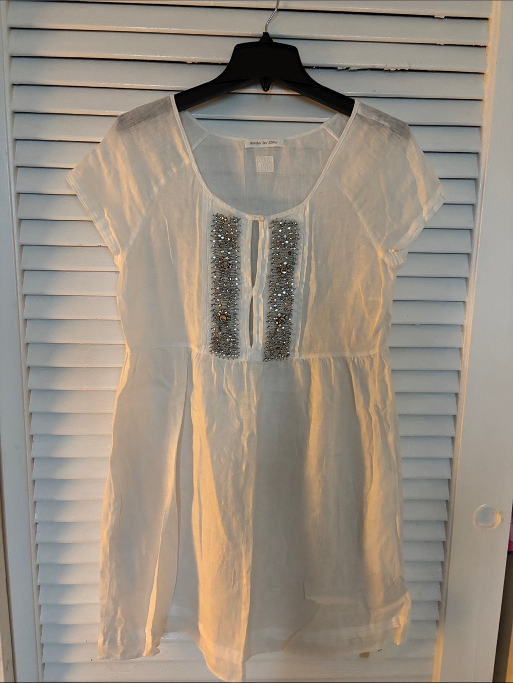 120% Lino Women’s White Embellished Short-Sleeve Linen Tunic Dress